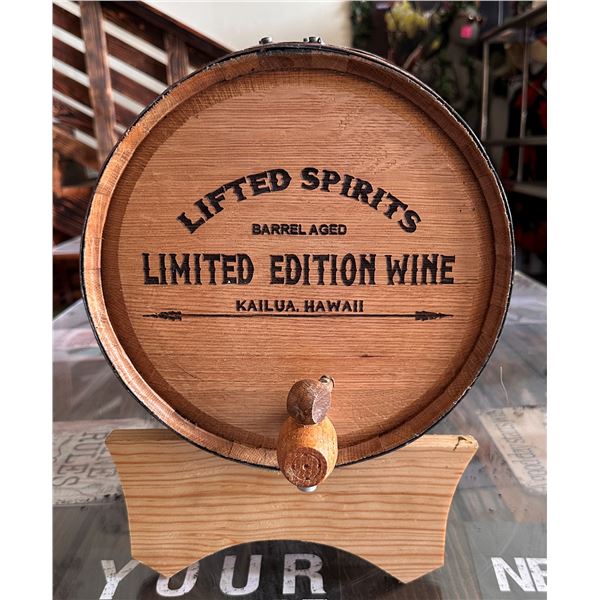 Wooden Wine Barrel on Stand "Lifted Spirits Kailua" w/ Metal Bands 10.5" Dia, 13.5" L