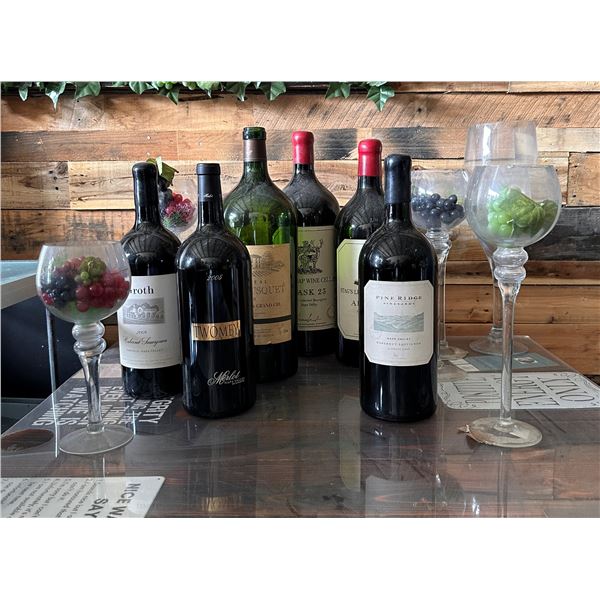 Qty 6 Empty Wine Bottles & 4 Stemmed Glasses w/ Artificial Grapes, Misc Sizes
