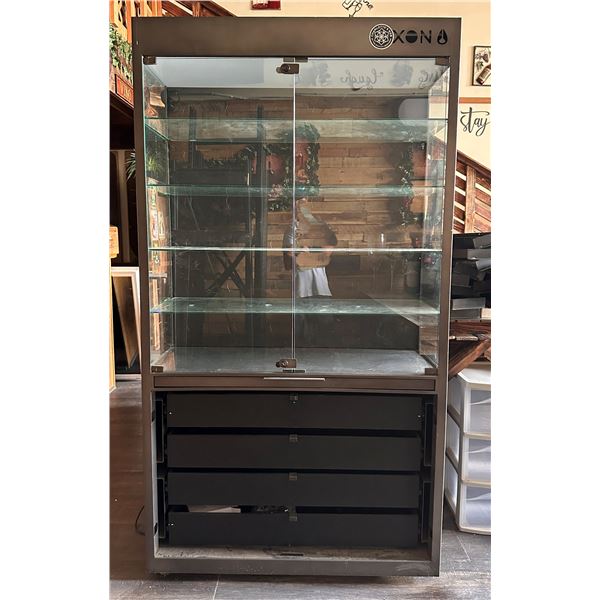 Wooden Display Cabinet w/ 4 Drawers & 6 Glass Shelves 40" x 16" x 73"H