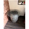 Image 2 : Metal Barrel-Shaped Table w/ Clear Round Top & Wire Sculpture 34" Dia, 28"H