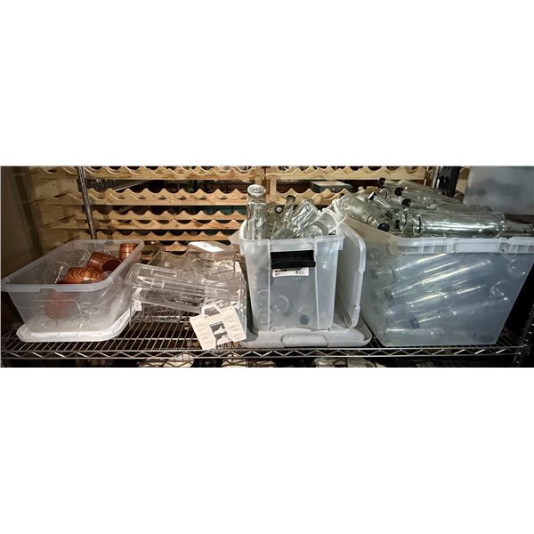 Multiple Clear Bottles, Plastic Food Storage Containers, Wooden Cups, Carafes, etc Misc Sizes