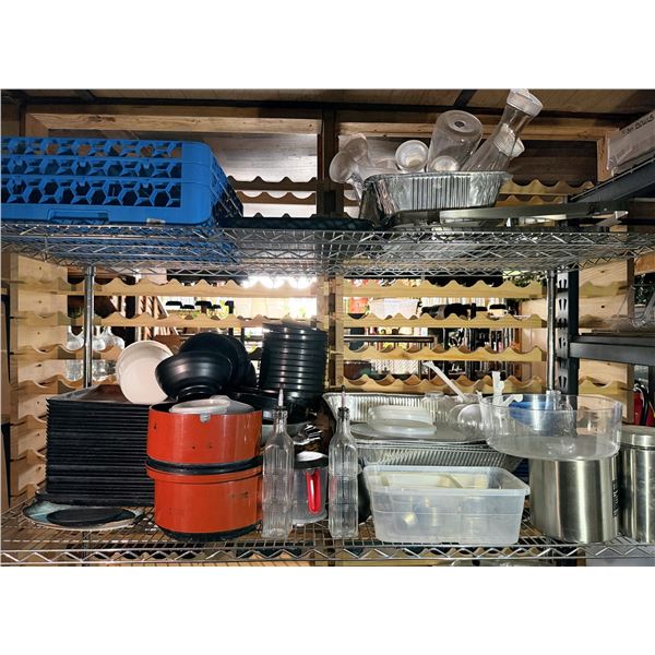 Multiple Metal & Plastic Food Storage Containers, Glass Bottles, Black Footed Bowls, Trays, etc Misc