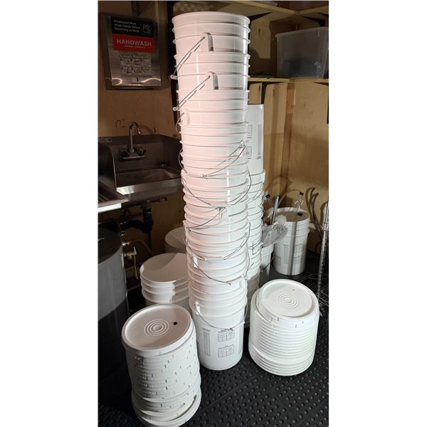 Multiple White Plastic Pails w/ Some Lids, Hoses, etc