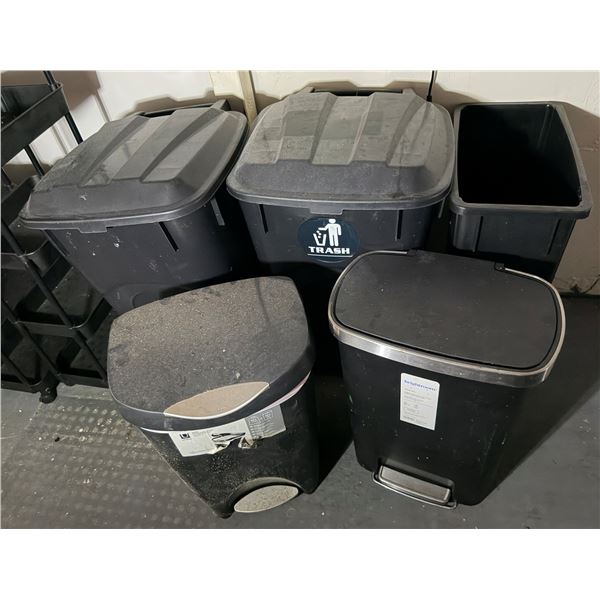 Qty 5 Trash Receptacles, Misc Brands & Sizes