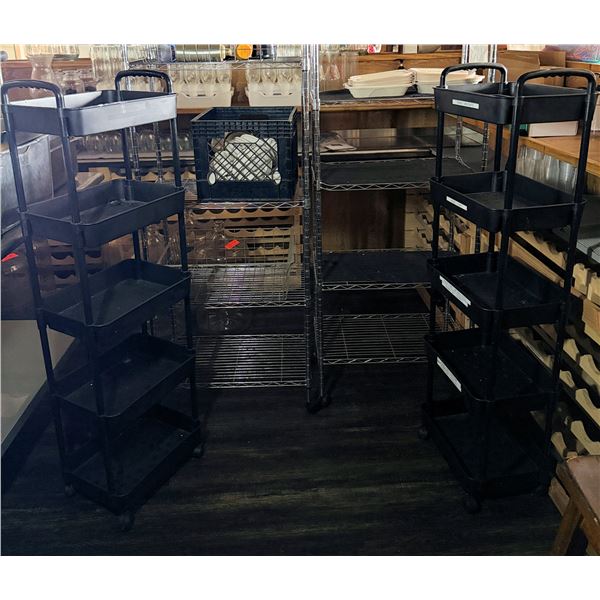 Qty 4 Multi-Tier Shelving Units, Misc Sizes (contents not included)