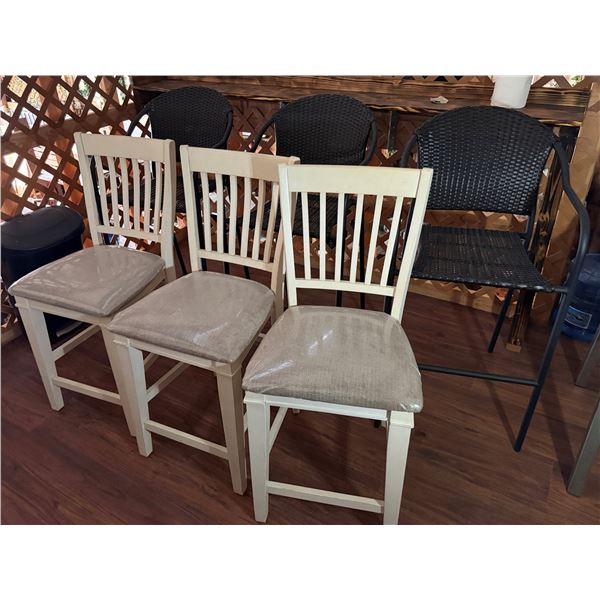 Qty 6 Chairs: 3 White Wooden & 3 Woven, Misc Sizes