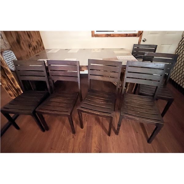 Rectangular Table 74" x 40" x 30" & 6 Wooden Chairs w/ Slatted Backs & Seats 17" x 17" x 34.5"H