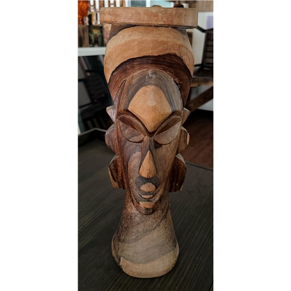 Carved Wooden Female Head Sculpture 6" Dia, 18.5"H