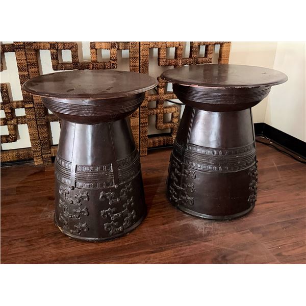 Qty 2 Round Wooden Drum Side Tables 20" Dia, 24"H