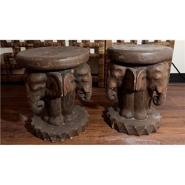 Qty 2 Carved Wooden Elephant Motif Tables 13" Dia, 17"H