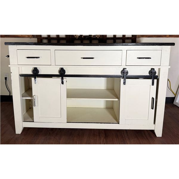 Wooden Storage Cabinet w/ 3 Drawers, 2 Doors, Leaf Back & Undershelving 60" x 19" x 36"