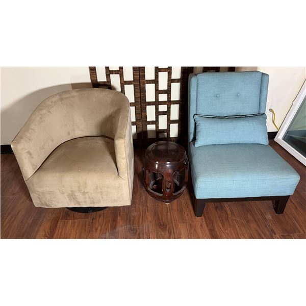 Qty 2 Plush Chairs & Round Wooden Table, Misc Sizes