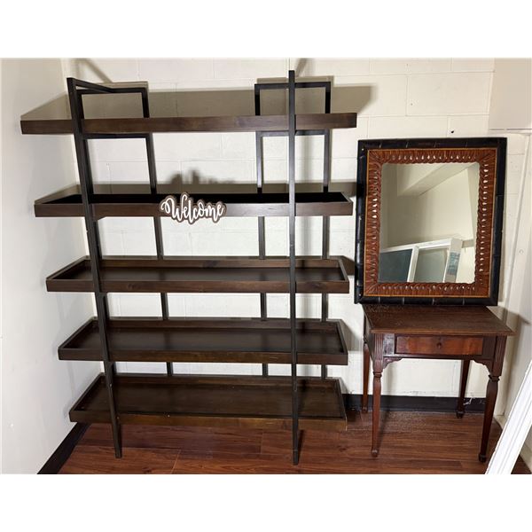Wooden 5-Tier Shelving Unit, Table w/ Drawer (cracked) & Framed Wall Mirror, Misc Sizes