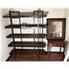 Image 1 : Wooden 5-Tier Shelving Unit, Table w/ Drawer (cracked) & Framed Wall Mirror, Misc Sizes