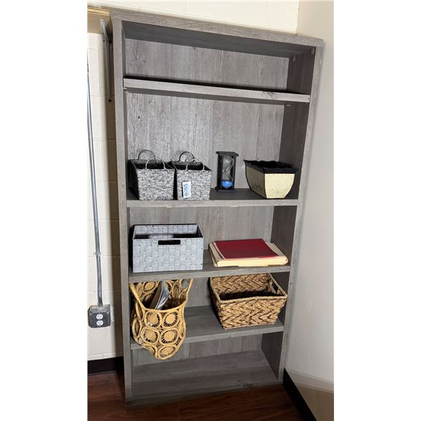 Wooden 5-Tier Shelving Unit & Contents: Baskets, Hourglass, etc 35" x 11" x 73"