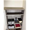 Image 2 : Wooden 5-Tier Shelving Unit & Contents: Baskets, Hourglass, etc 35" x 11" x 73"