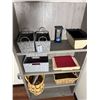 Image 3 : Wooden 5-Tier Shelving Unit & Contents: Baskets, Hourglass, etc 35" x 11" x 73"