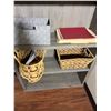 Image 4 : Wooden 5-Tier Shelving Unit & Contents: Baskets, Hourglass, etc 35" x 11" x 73"