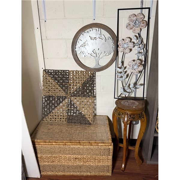 Woven Chest, 3 Misc Wall Hangings & Round Table w/ Cabriole Legs, Misc Sizes