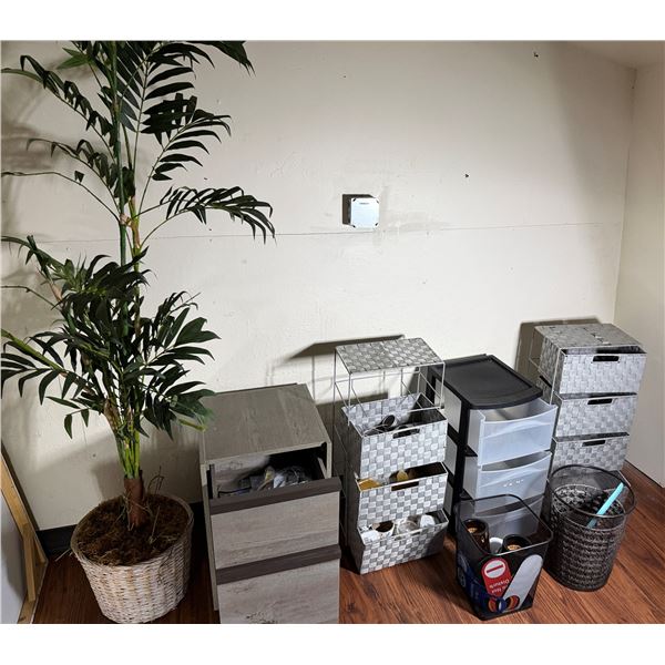 Multiple Storage Containers, Artificial Potted Palm, Misc Supplies, etc