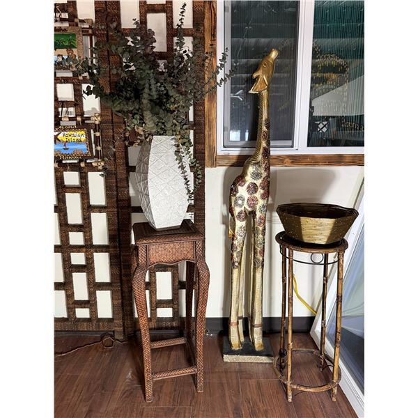 Qty 2 Plant Stands, Artificial Potted Plant, Bowl & Giraffe Statue, Misc Sizes