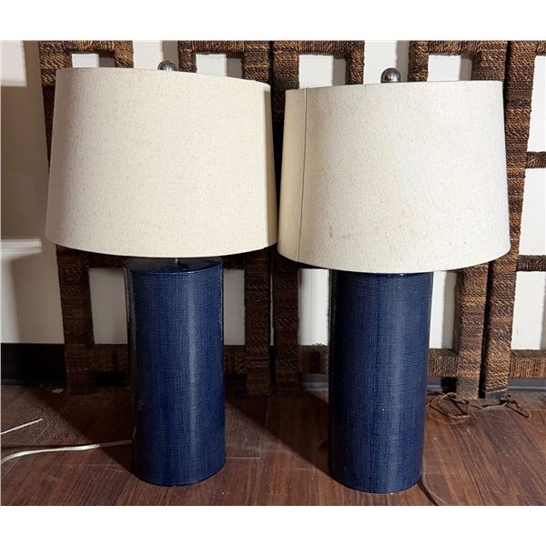 Qty 2 Table Lamps w/ Blue Bases & Shades 13" Dia, 26.5"H