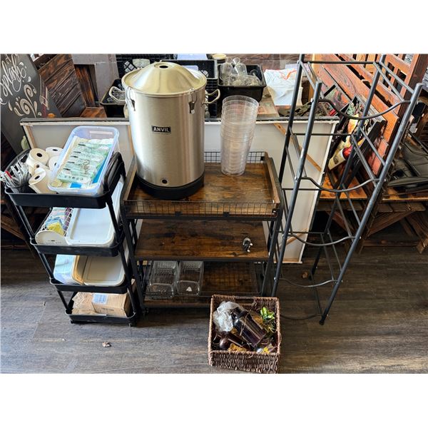 Qty 3 Shelving Units Misc Sizes & Contents: Baskets, Anvil Bucket Fermenter, Cards, Paper Rolls, etc
