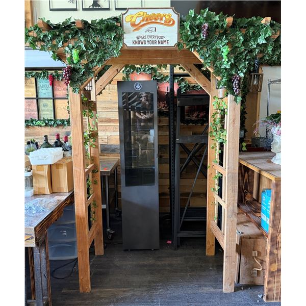 Wooden Arbor 52" x 24" x 87"H w/ Cheers Sign, Light, Artificial Ivy & Grapes