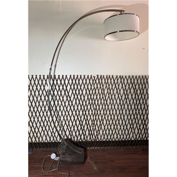 Metal Curved Arc Floor Lamp w/ Drum Shade on Wooden Base 16" Dia, 72"H