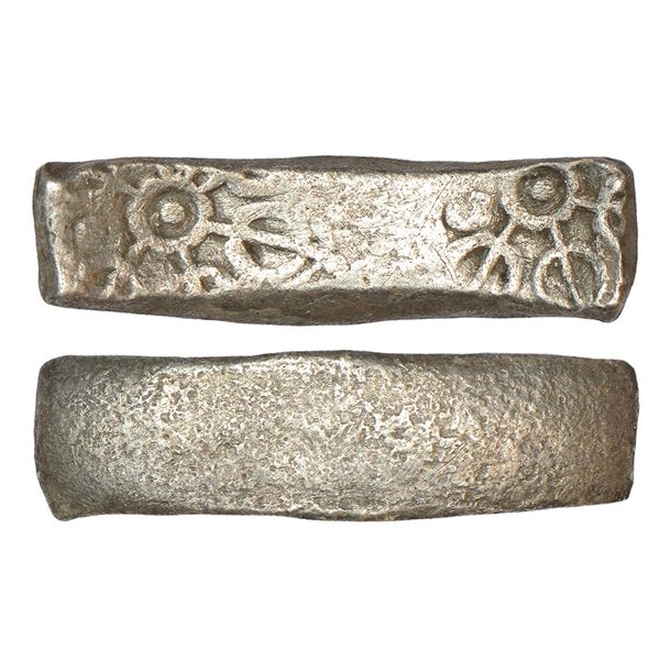 Ancient India: Archaic base silver punch-marked 'bent bar' coin (Shatamana), 10.21g.