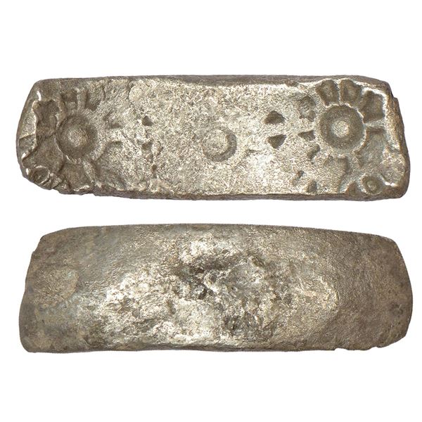 Ancient India: Archaic base silver punch-marked 'bent bar' coin (Shatamana), 9.39g.