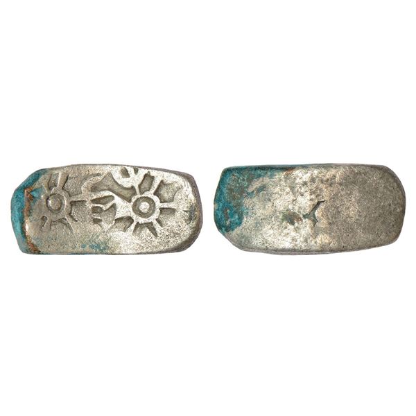 Ancient India: Archaic base silver punch-marked 'bent bar' coin (Shatamana), 10.04g.