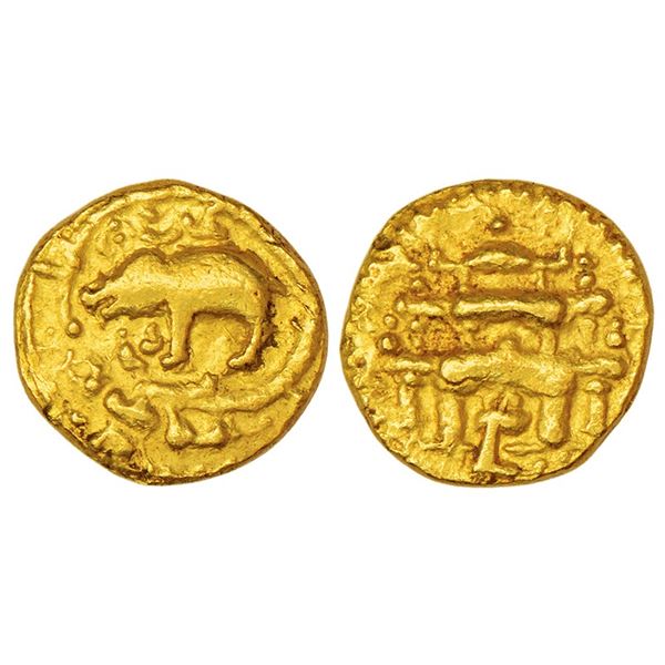 Medieval India: Chalukyas of Kalyana, gold pagoda, Boar and Lotus type, 4.00g