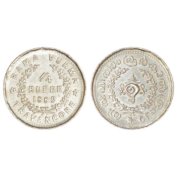 Princely States: Travancore, Rama Varma VI (1885-1924 AD), silver ¼ rupee, AD 1889