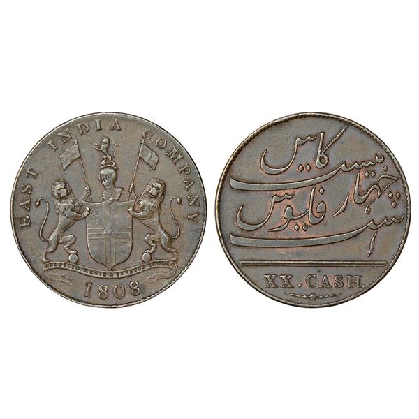 Madras Presidency: Soho mint, copper 20 cash, AD 1808 (last digit 8 struck over 7)