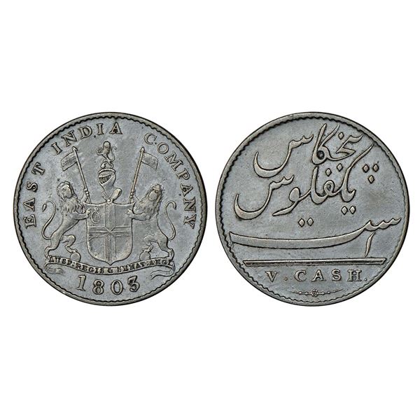 Madras Presidency: Soho mint, copper 5 cash, AD 1803, Stevens EIC 5.139; PR 208