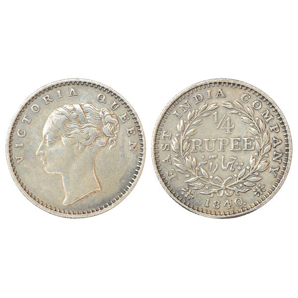 British India: Victoria Queen, continuous legend, silver ¼ rupee, 1840, Madras mint