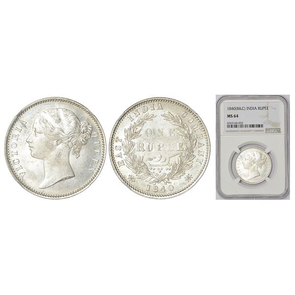 British India: Victoria Queen, divided legend, silver rupee, 1840, Calcutta/Bombay mint