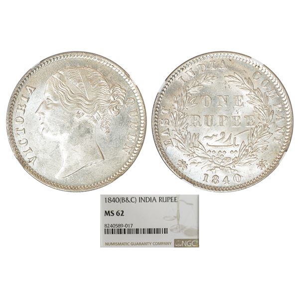 British India: Victoria Queen, divided legend, silver rupee, 1840, Calcutta/Bombay mint