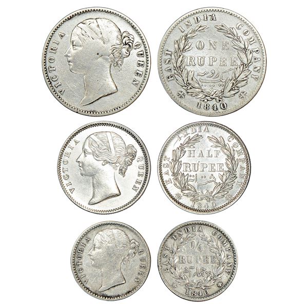 British India: Victoria Queen, divided legend, set of 3 silver coins, 1840