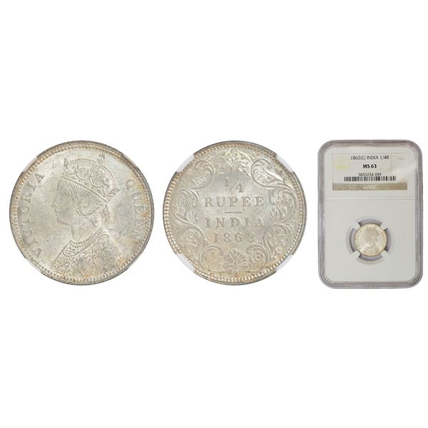 British India: Victoria Queen, silver ¼ rupee, 1862, Calcutta mint