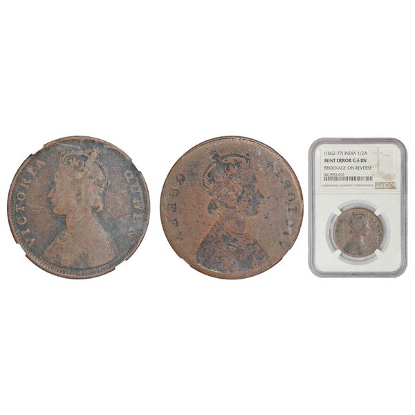 British India: Victoria Queen, copper ½ anna, ND (1862-1876 AD)