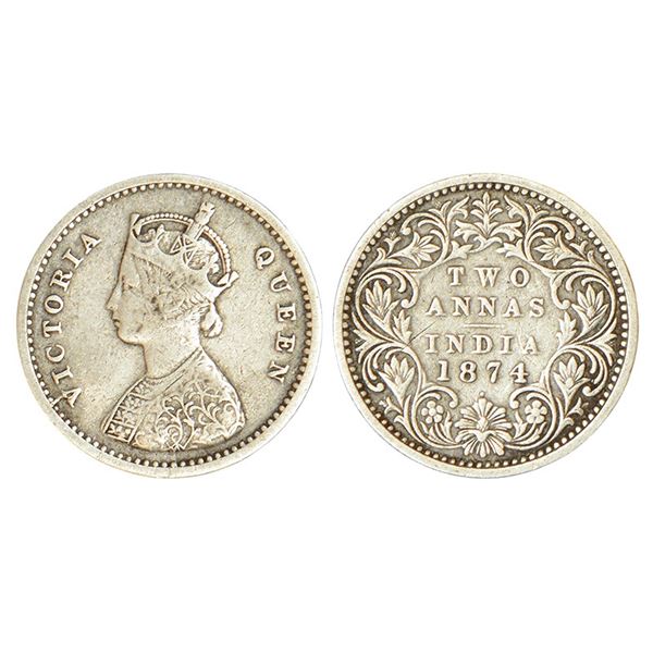 British India: Victoria Queen, silver 2 annas, 1874, Bombay mint