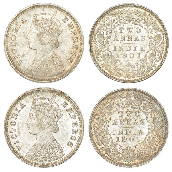 British India: Victoria Empress, silver 2 annas (2 coins), 1901, Bombay mint