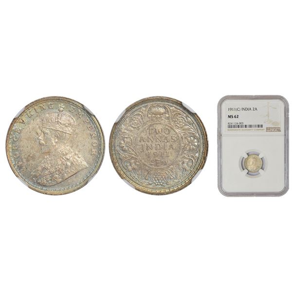 British India: George V, silver 2 annas, 1911, Calcutta mint