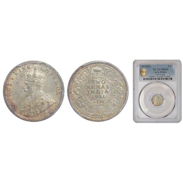 British India: George V, silver 2 annas, 1911, Calcutta mint