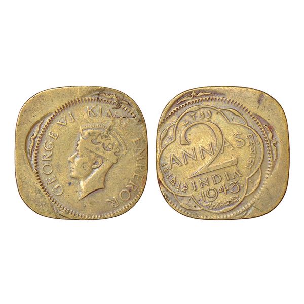 British India: George VI, error nickel-brass 2 annas, 1943, Bombay mint