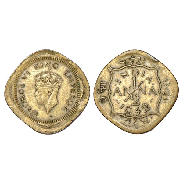 British India: George VI, nickel-brass ½ anna, 1942, Calcutta mint