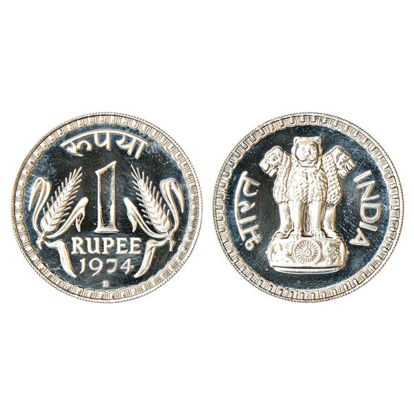 Republic of India: 1974, Proof cupro-nickel 1 rupee, Bombay mint, KM 75.2, 9.84g