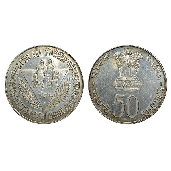Republic of India: 1974, Planned Families-Food for All, half silver 50 rupees, Bombay mint